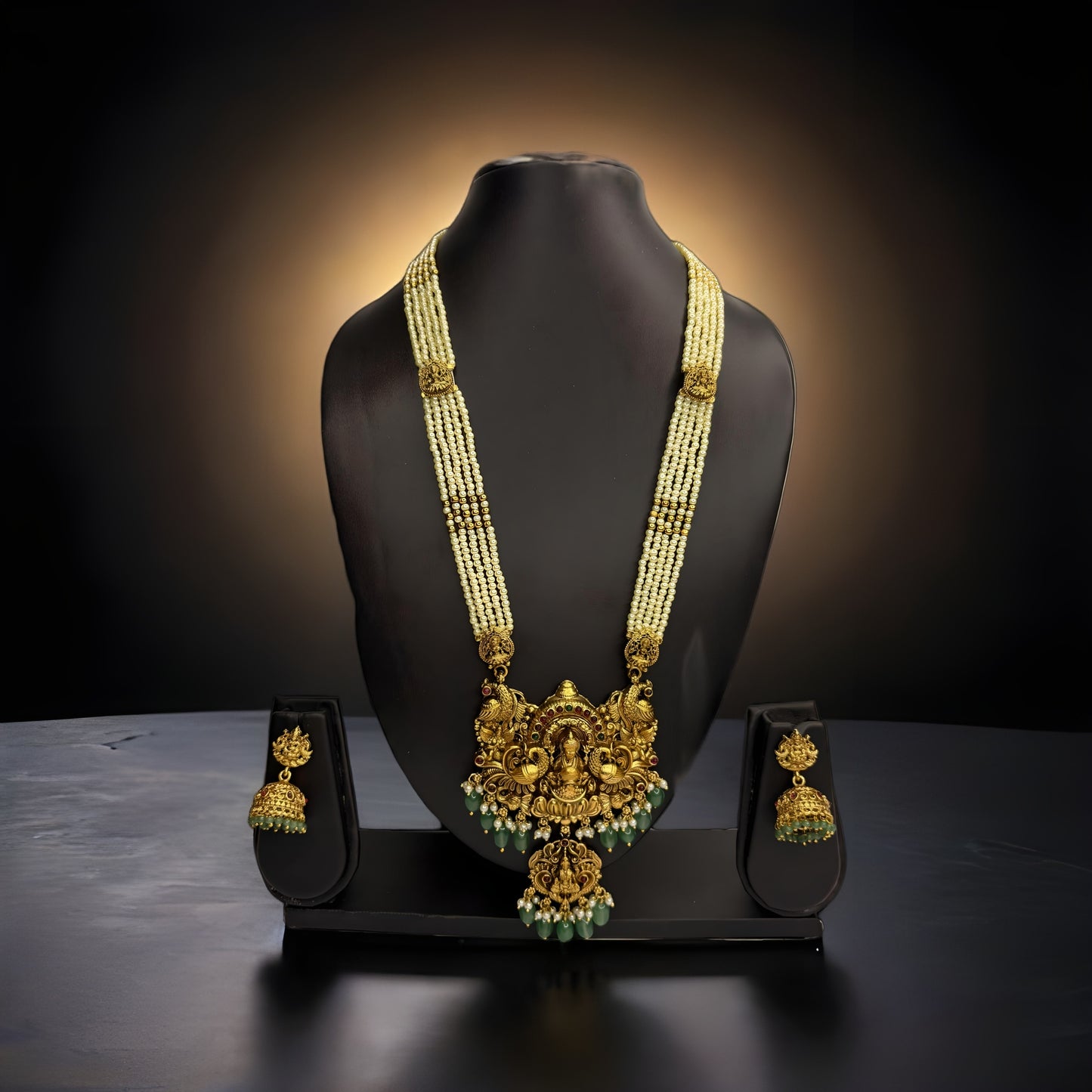 Antique Temple Jewellery Lakshmi Haram with Jhumkas – Gold Plated Bridal Set (Code - DJ_005)
