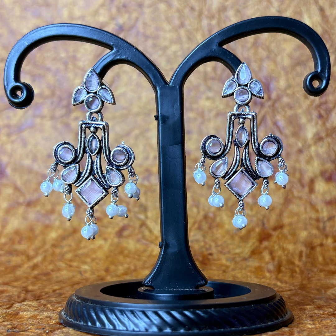 Oxidized Silver Chandelier Earrings with Pink Stones and White Beads
