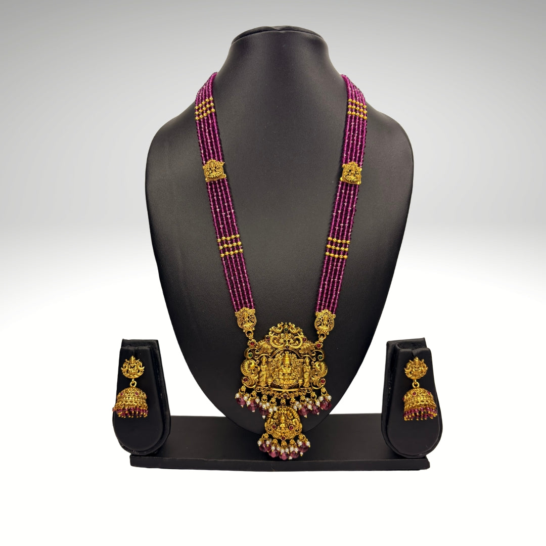 Antique Temple Jewellery Lakshmi Haram with Ruby Beads & Jhumkas – Bridal Necklace Set (Code - DJ_007)