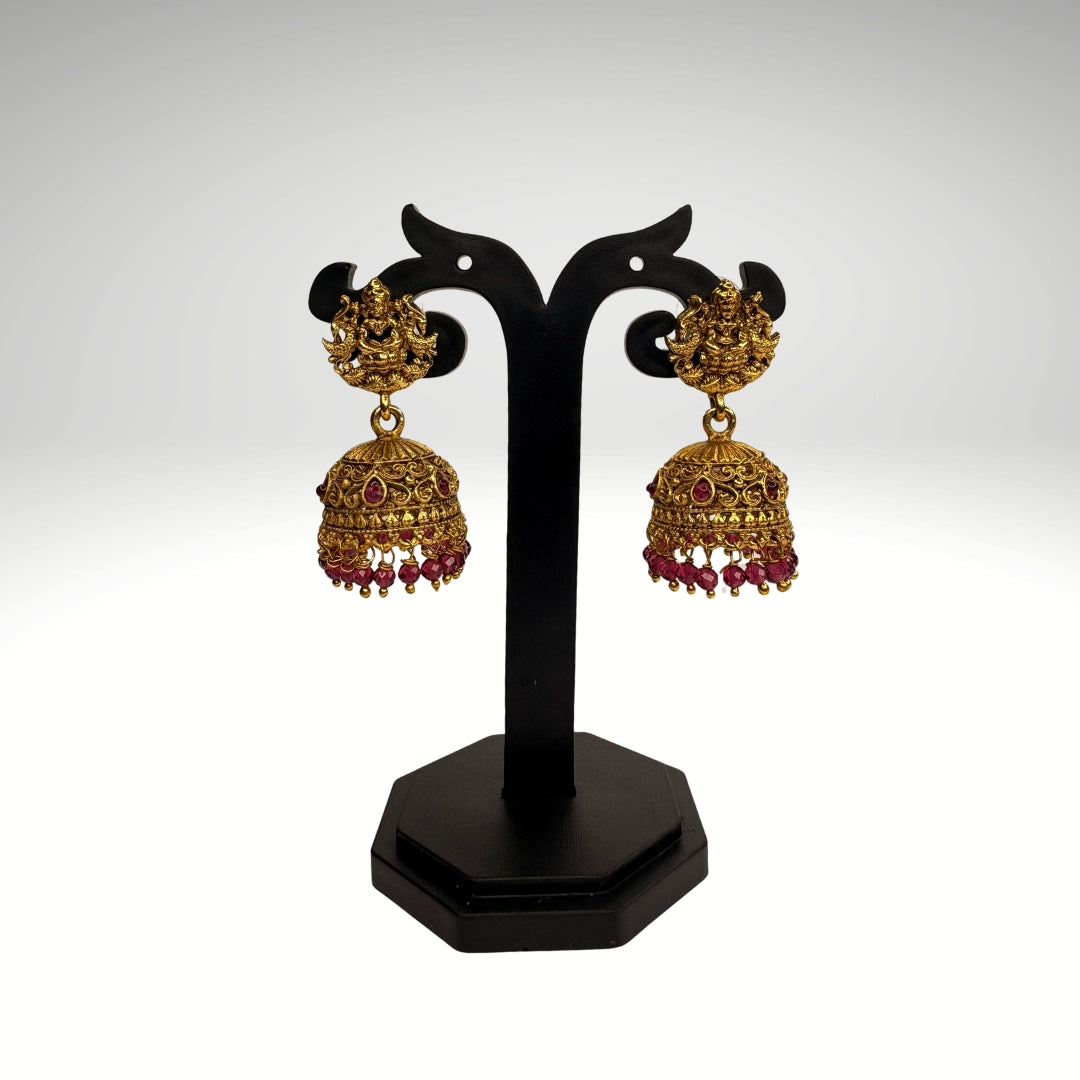 Antique Temple Jewellery Lakshmi Haram with Ruby Beads & Jhumkas – Bridal Necklace Set (Code - DJ_007)
