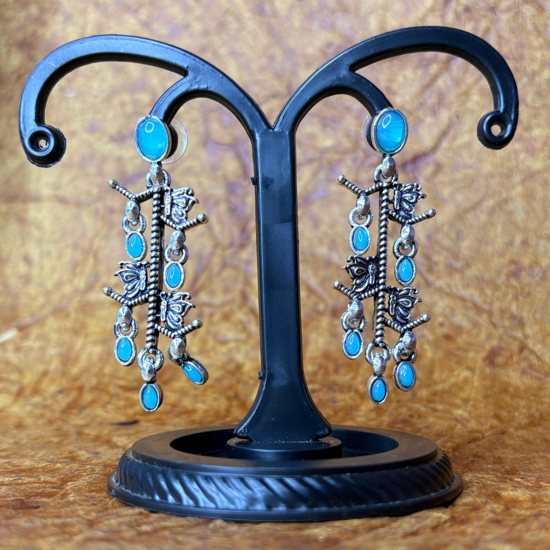 Oxidized Silver Earrings with Blue Stone Drops
