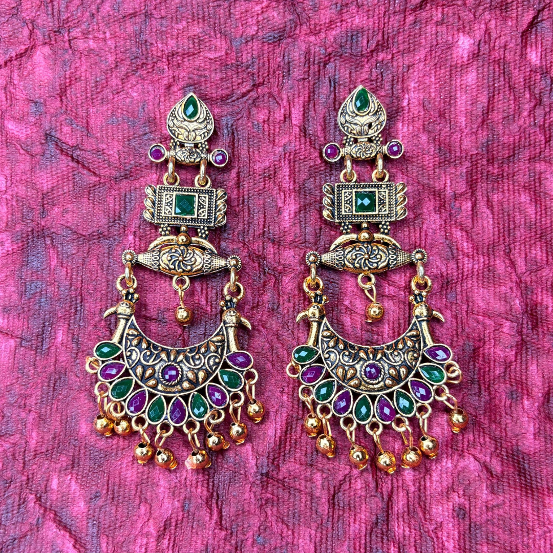 Gold-Plated Long Earrings with Green & Red Stones