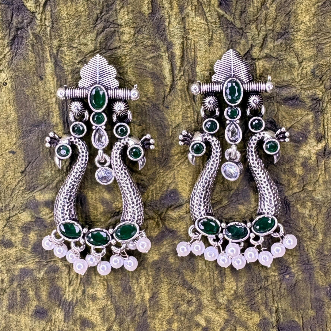 Oxidized Silver Earrings with Green Stones and Pearl Drops