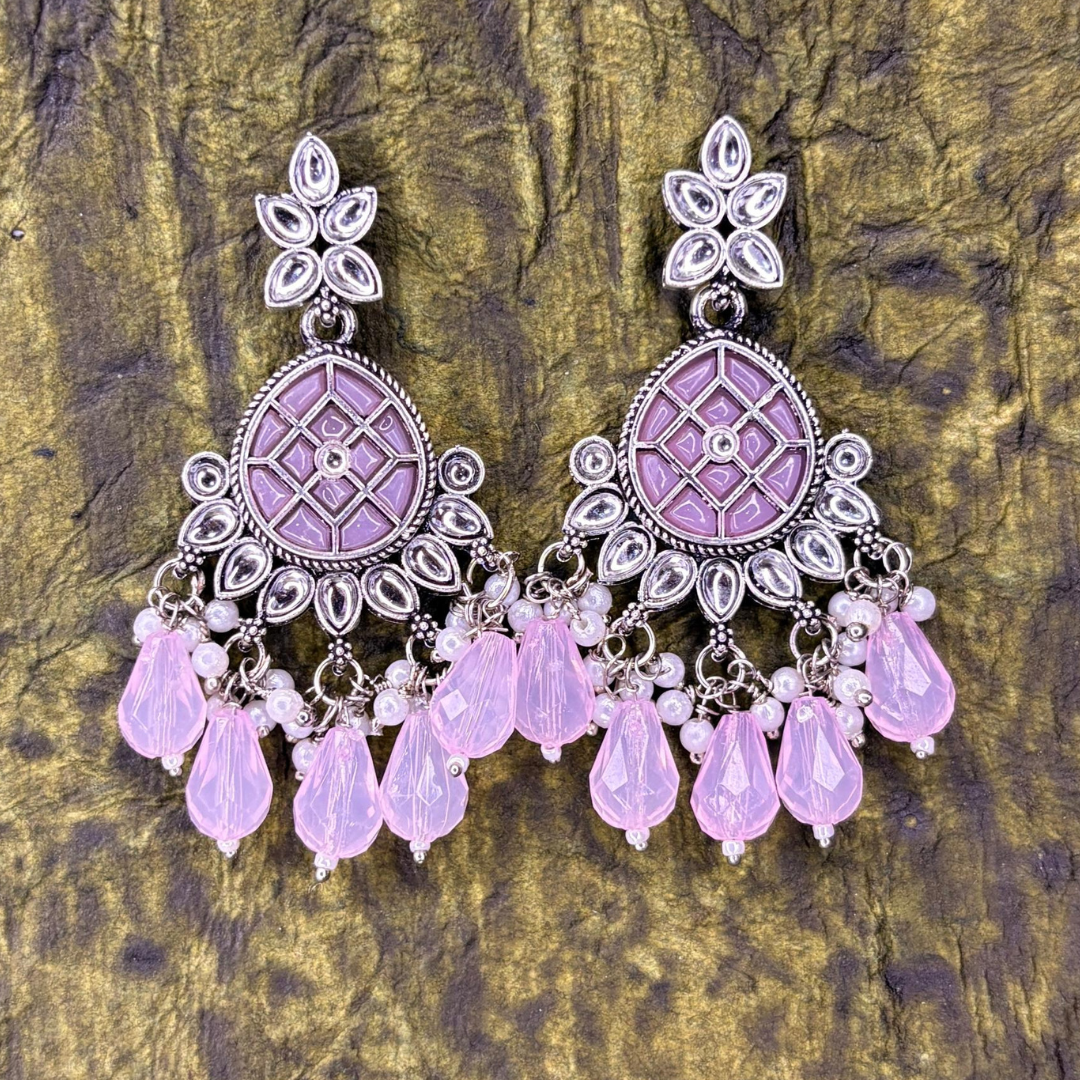 Oxidized Silver Chandbali Earrings with Pink Stones and Beads