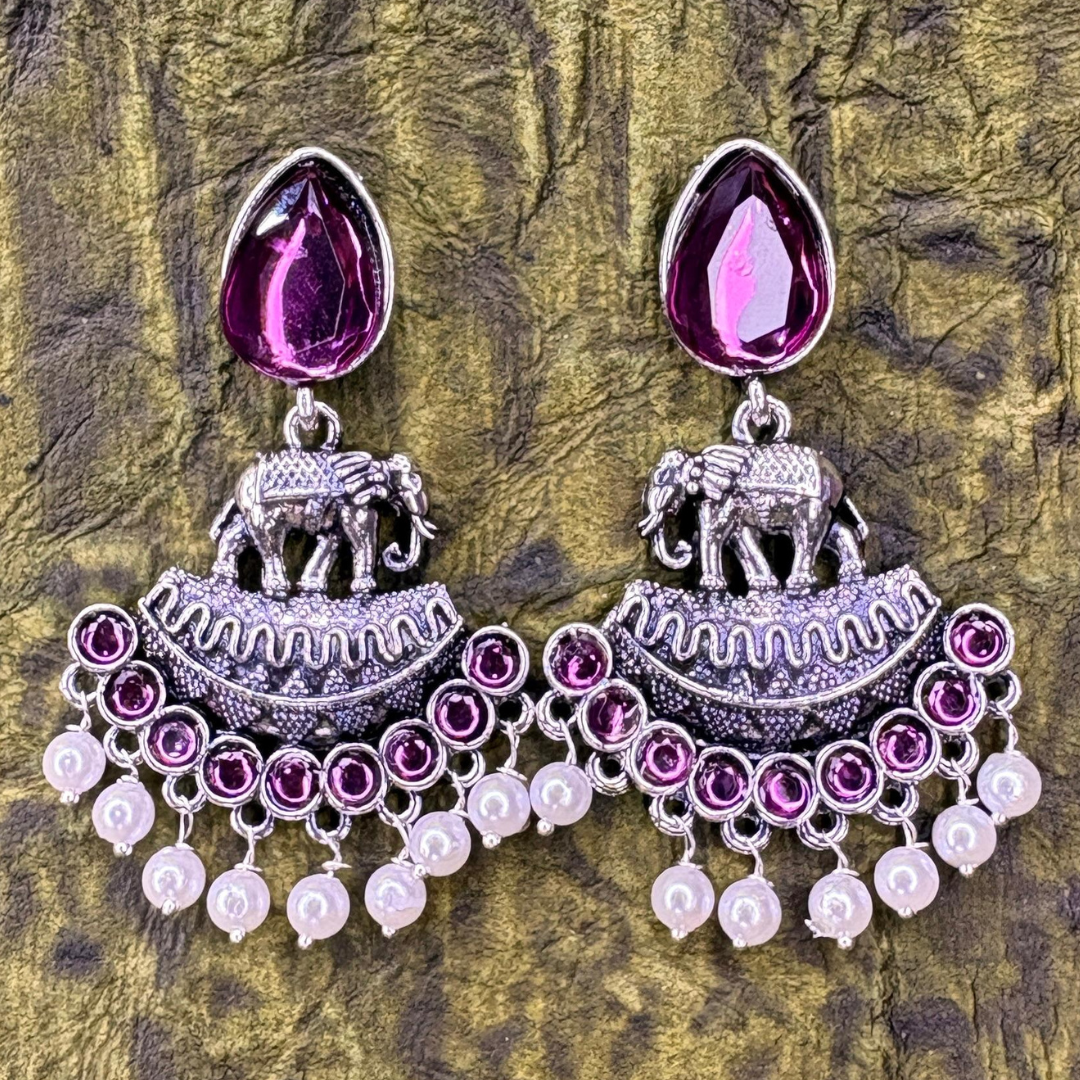 Oxidized Silver Elephant Earrings with Purple Stones and Pearl Drops