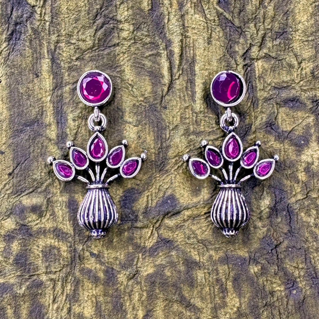 Oxidized Silver Floral Vase Earrings with Purple Stones