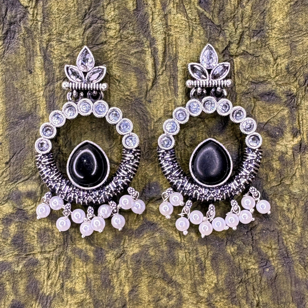 Oxidized Silver Hoop Earrings with Blue Stone and Pearl Drops