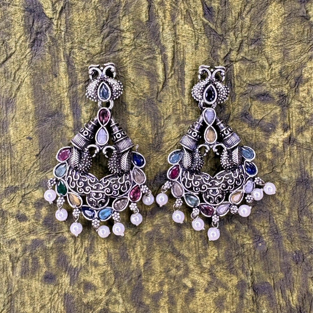 Oxidized Silver Earrings with Multicolor Stones and Pearl Drops