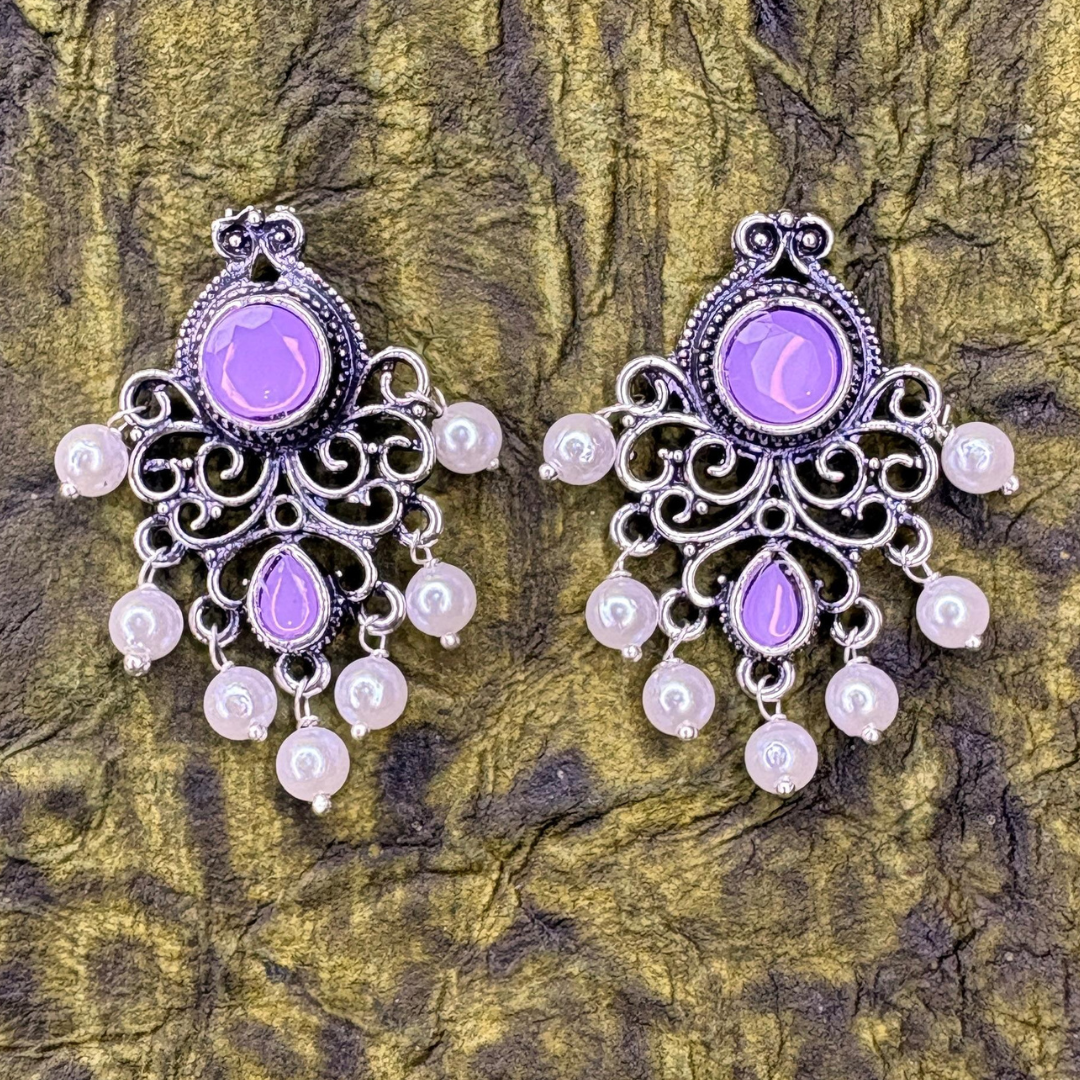 Oxidized Silver Earrings with Lavender Stones and Pearl Drops