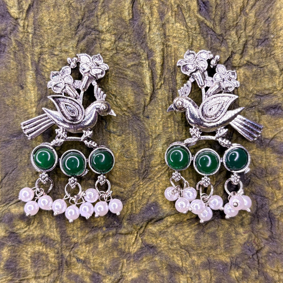 Oxidized Silver Bird Design Earrings with Green Stones and Pearl Drops