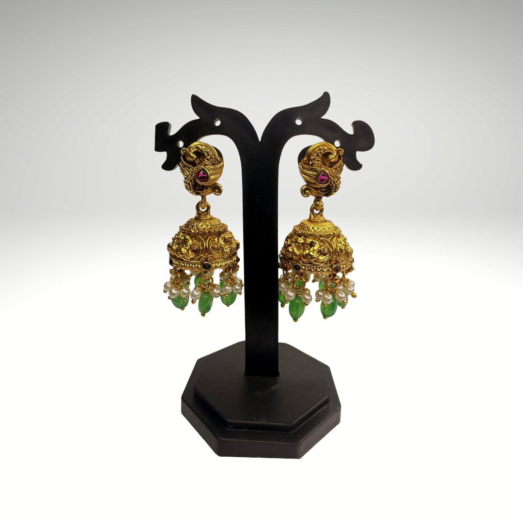 Lakshmi Temple Jewellery Green Bead Long Haram with Jhumkas – Gold Plated Bridal Set (Code - DJ_014)
