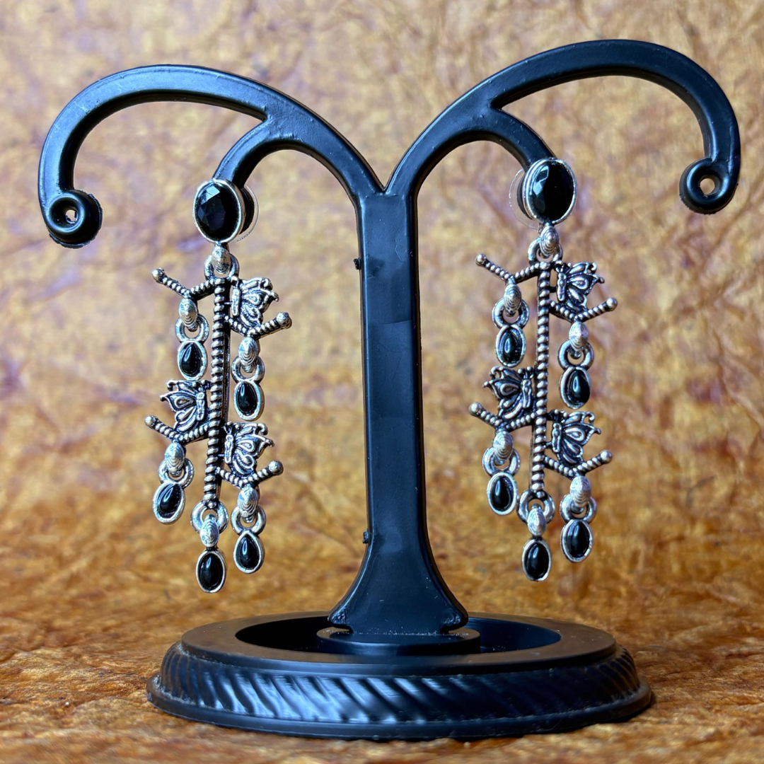 Oxidized Silver Earrings with Blue Stone Drops