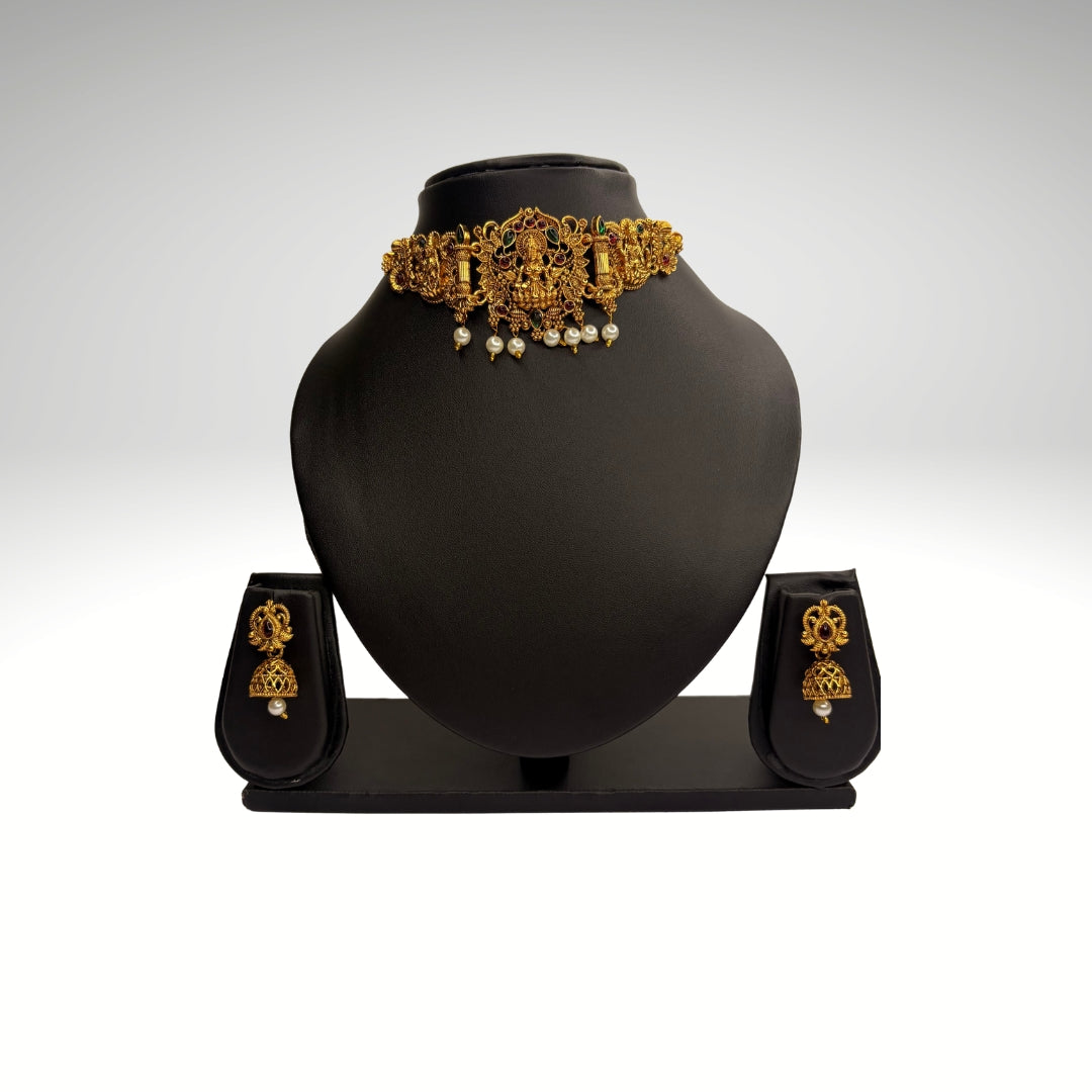 Antique Temple Jewellery Lakshmi Choker with Earrings – Gold Plated Bridal Set (Code - DJ_012)