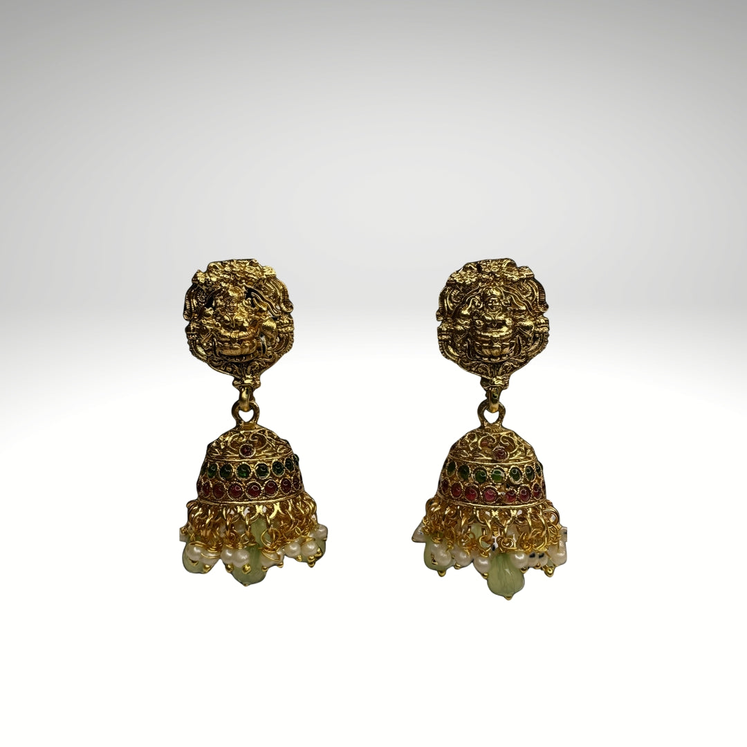 Goddess Lakshmi Beaded Haram Set – Antique Temple Jewelry with Green Beads (Code - DJ_022)