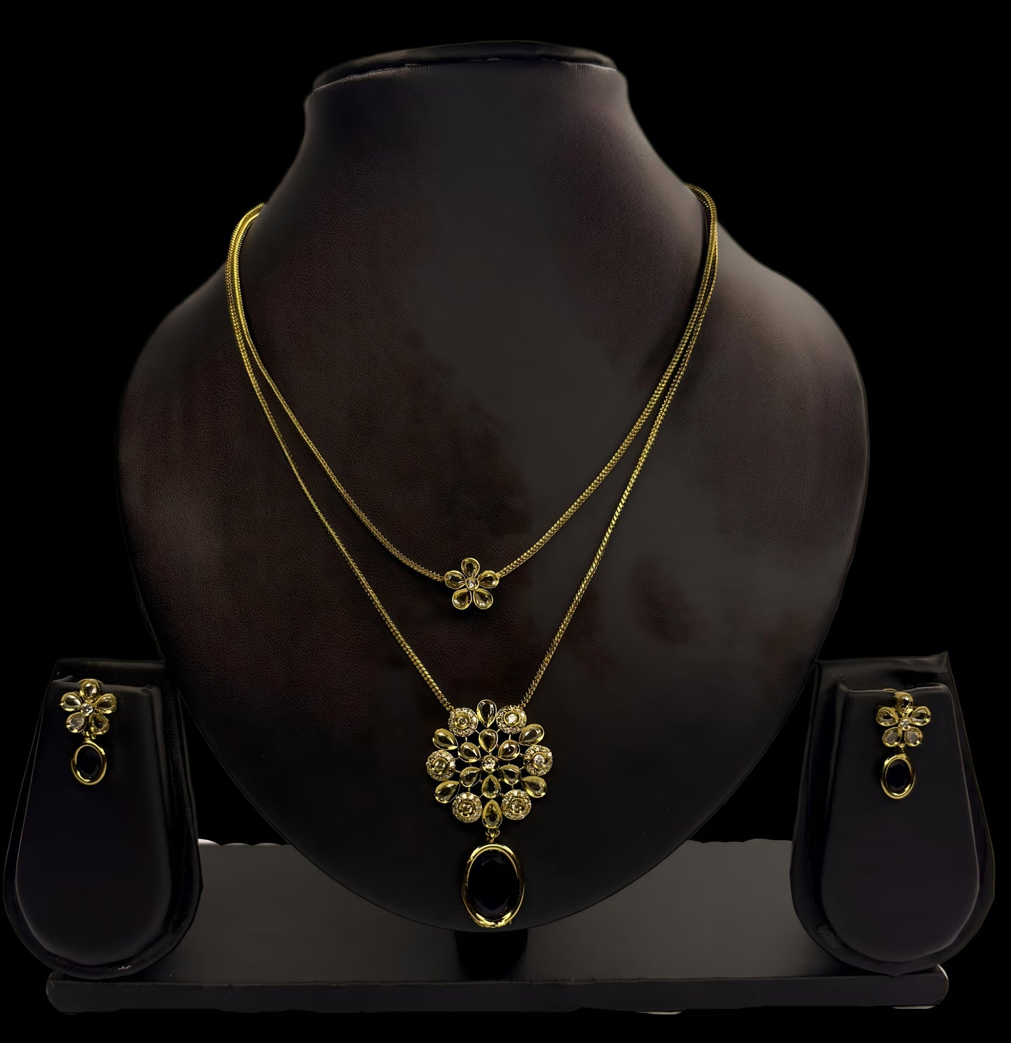 Dual-Layer Floral Pendant Necklace Set with Earrings | DJ_003