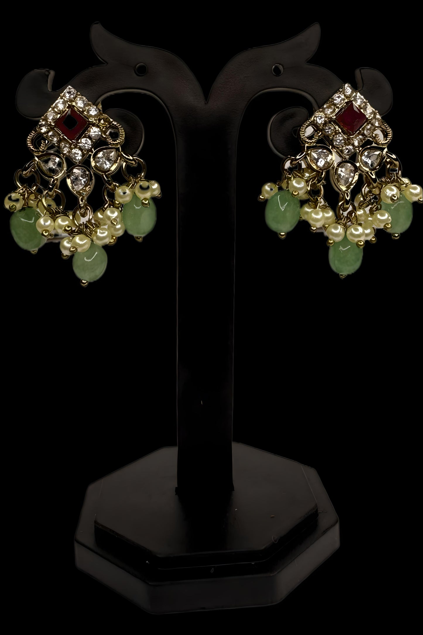 Kundan Long Haram with Red Stone Pendant & Green Bead Drops – Bridal Necklace Set with Earrings (Code - DJ_006)
