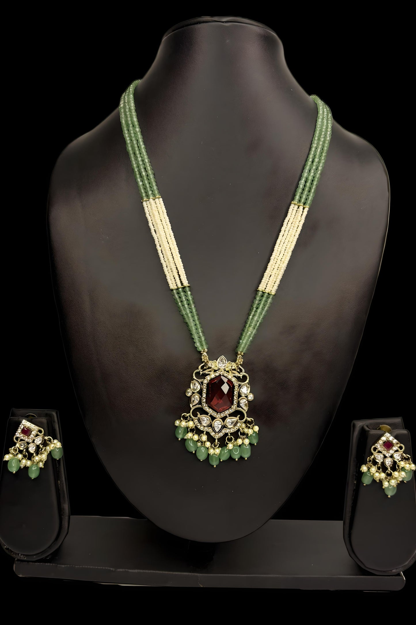 Kundan Long Haram with Red Stone Pendant & Green Bead Drops – Bridal Necklace Set with Earrings (Code - DJ_006)