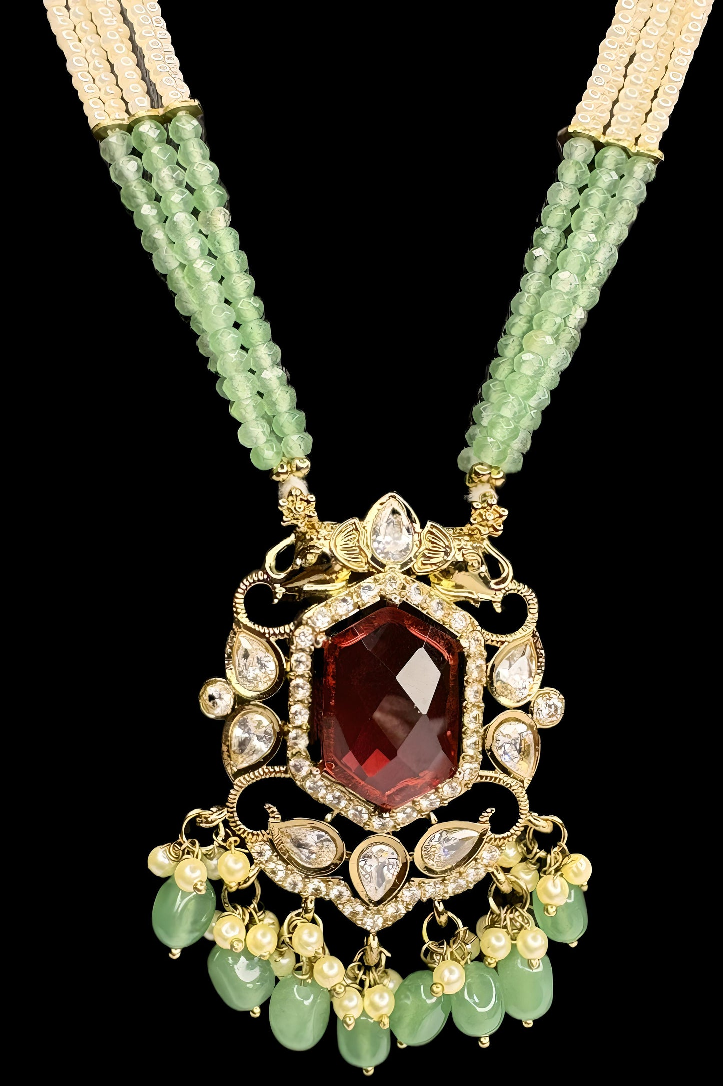 Kundan Long Haram with Red Stone Pendant & Green Bead Drops – Bridal Necklace Set with Earrings (Code - DJ_006)
