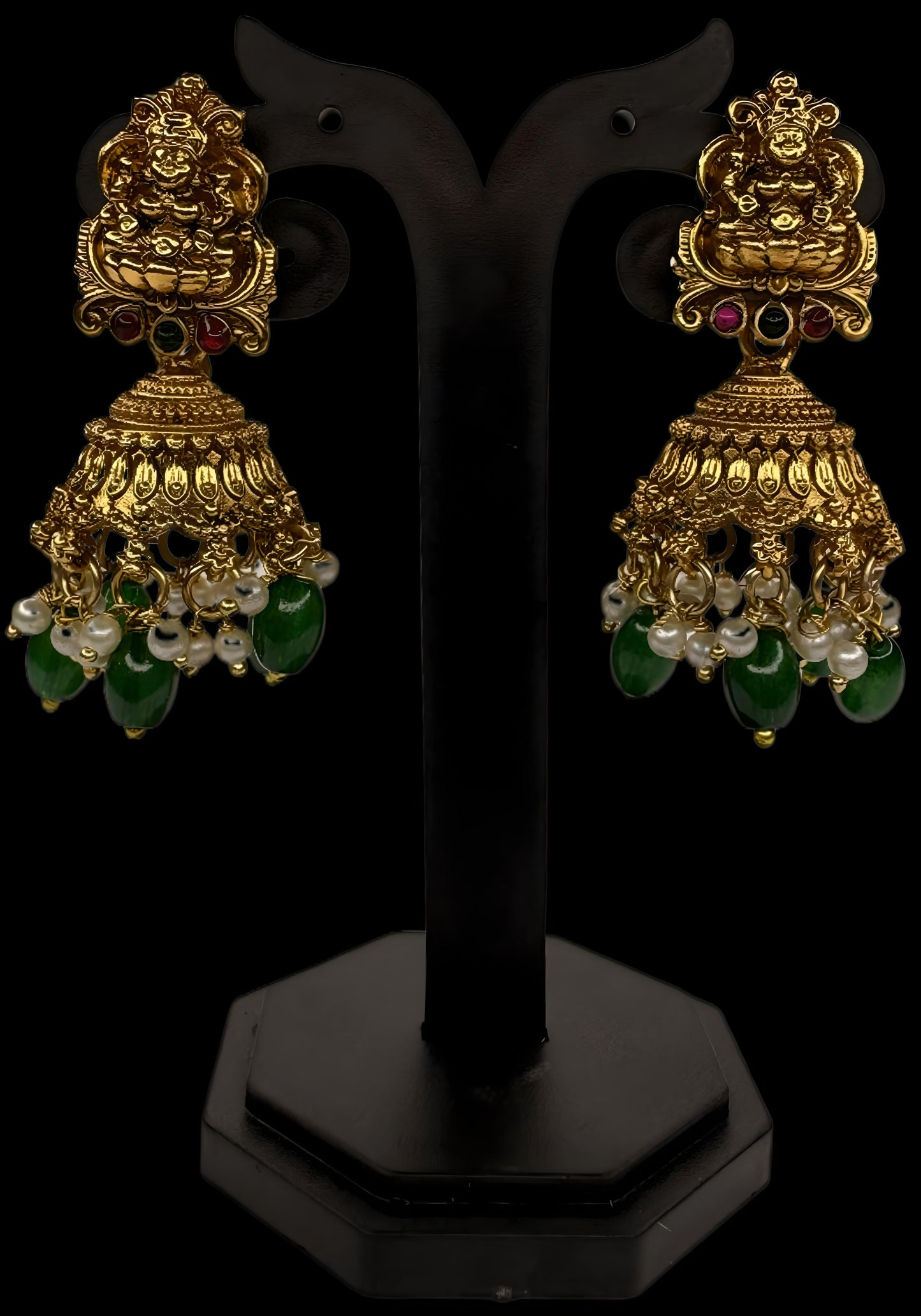 Antique Temple Jewellery Lakshmi Haram with Green Beads & Jhumka Earrings – Bridal Necklace Set (Code - DJ_008)