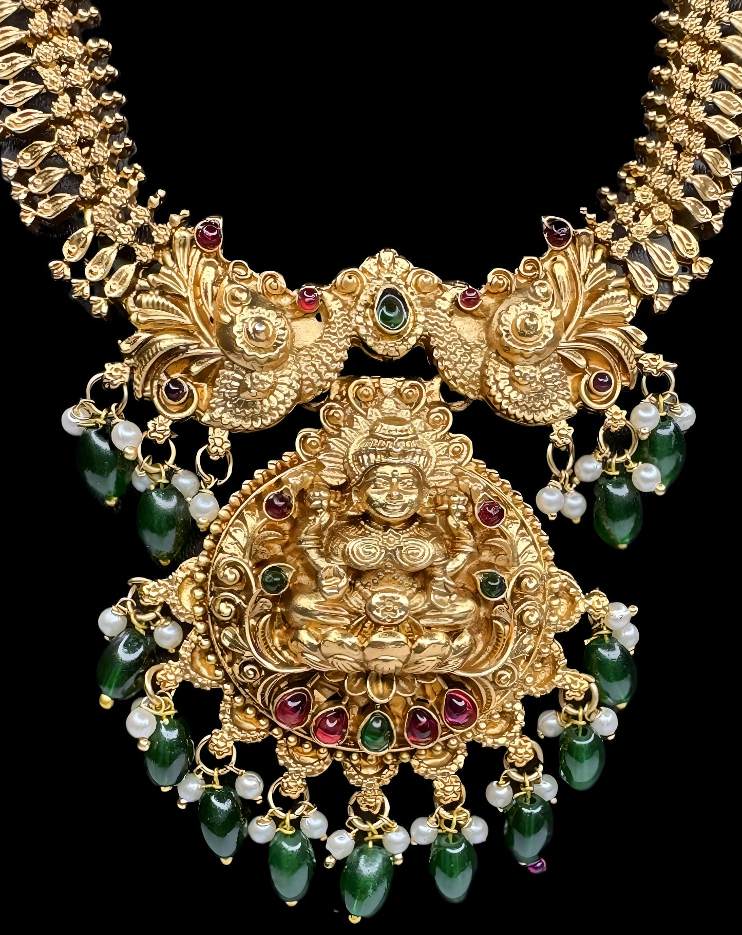 Antique Temple Jewellery Lakshmi Haram with Green Beads & Jhumka Earrings – Bridal Necklace Set (Code - DJ_008)