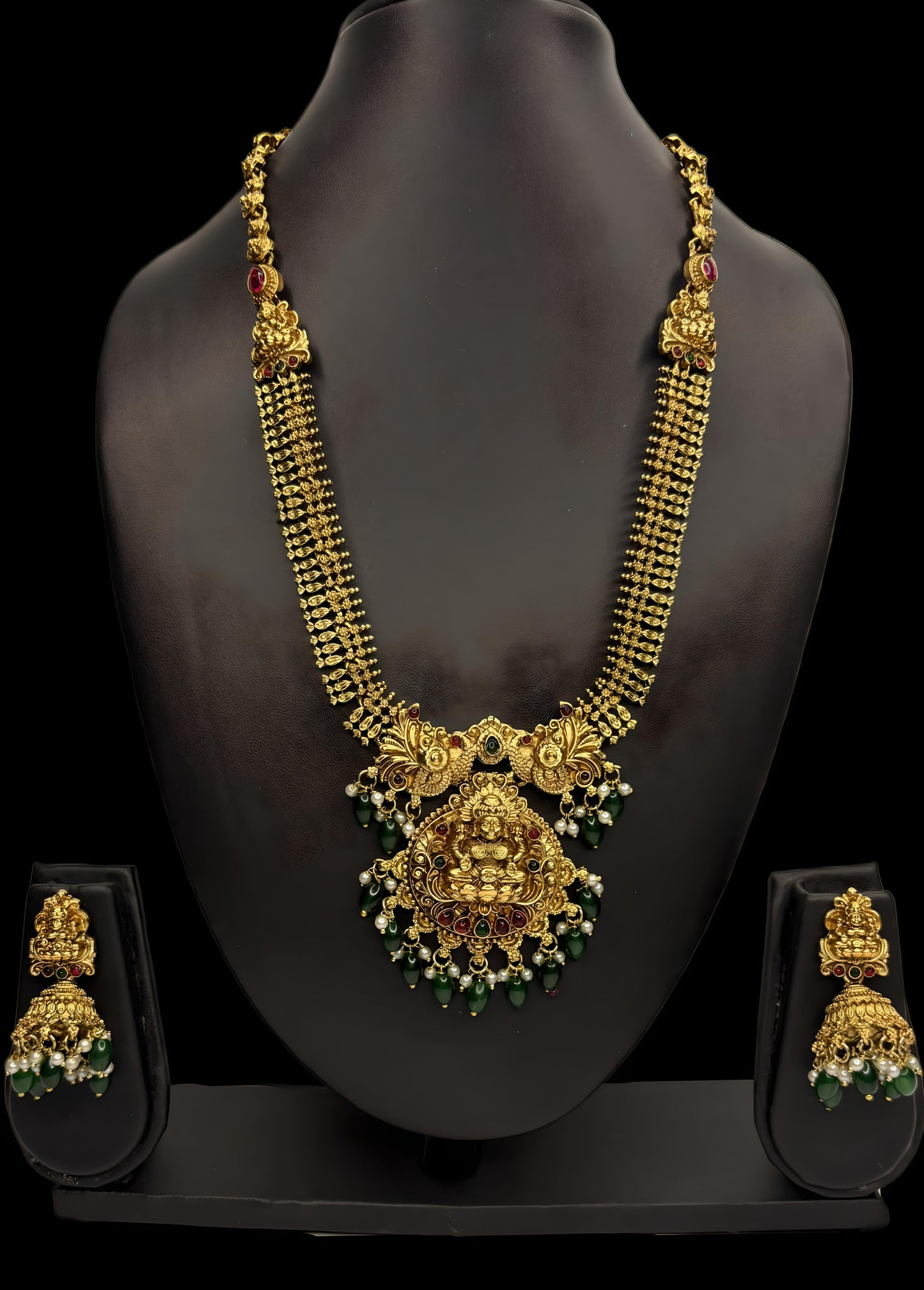 Antique Temple Jewellery Lakshmi Haram with Green Beads & Jhumka Earrings – Bridal Necklace Set (Code - DJ_008)