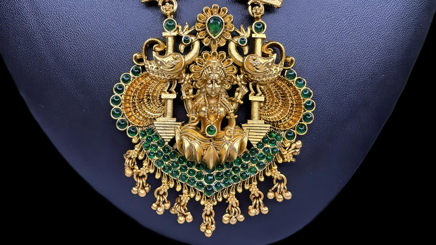 Antique Temple Jewellery Pearl Haram with Lakshmi Pendant & Jhumkas – Bridal Necklace Set (Code - DJ_010)