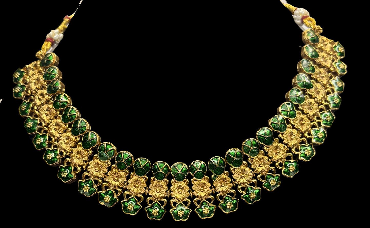 Green Enamel Floral Necklace Set with Earrings – Gold Plated Traditional Jewellery (Code - DJ_013)