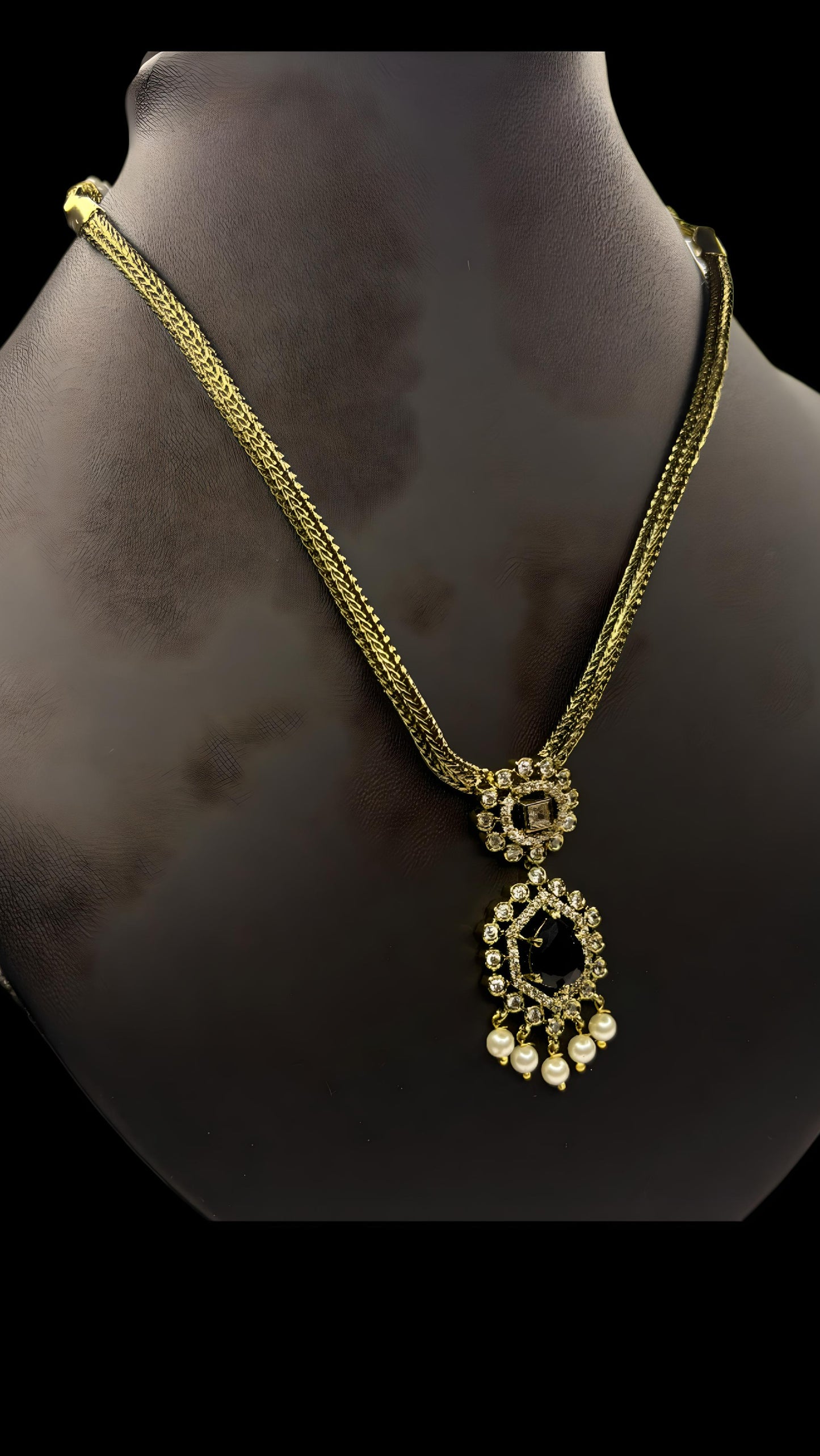 Kundan Black Stone Necklace Set with Pearls (Code - DJ_016)