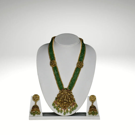 Goddess Lakshmi Beaded Haram Set – Antique Temple Jewelry with Green Beads (Code - DJ_022)