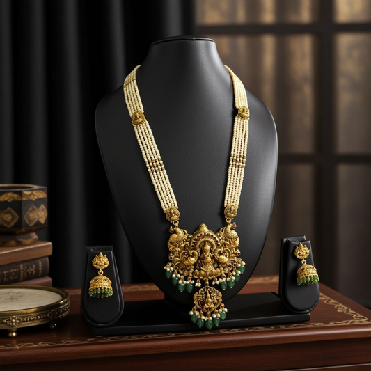 Antique Temple Jewellery Lakshmi Haram with Jhumkas – Gold Plated Bridal Set (Code - DJ_005)
