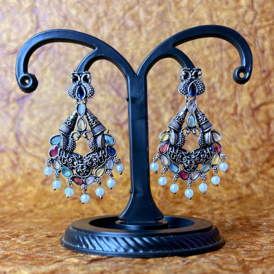 Oxidized Peacock Design Earrings with Multicolor Stones