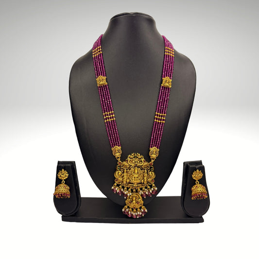 Antique Temple Jewellery Lakshmi Haram with Ruby Beads & Jhumkas – Bridal Necklace Set (Code - DJ_007)