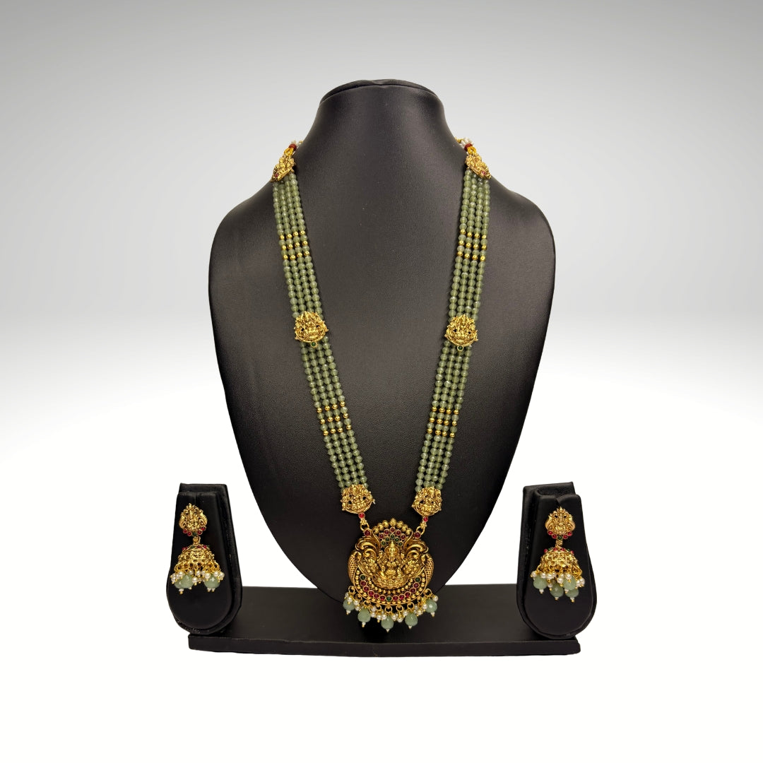 Temple-Style Long Haram Necklace Set with Lakshmi Pendant | DJ_004