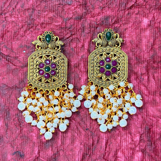 Gold-Plated Floral Earrings with Pearl Beads