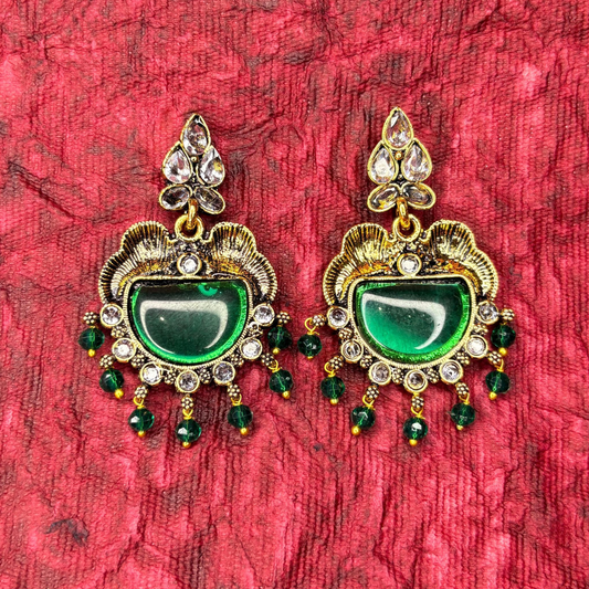 Gold-Plated Earrings with Green Stones and Bead Drops