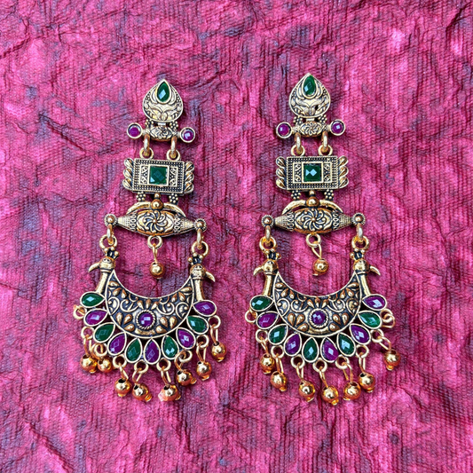 Gold-Plated Long Earrings with Green & Red Stones