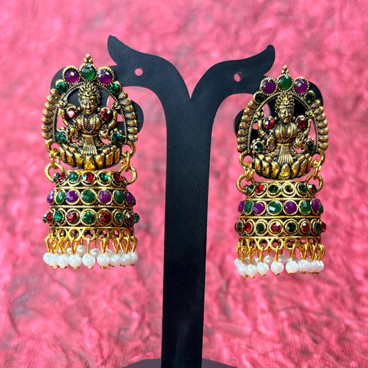 Gold-Plated Temple Jhumka Earrings with Multicolor Stones