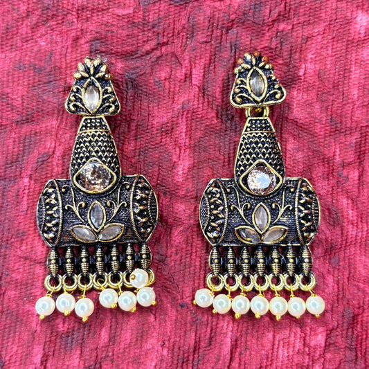 Gold-Plated Earrings with White Stones and Pearl Drops