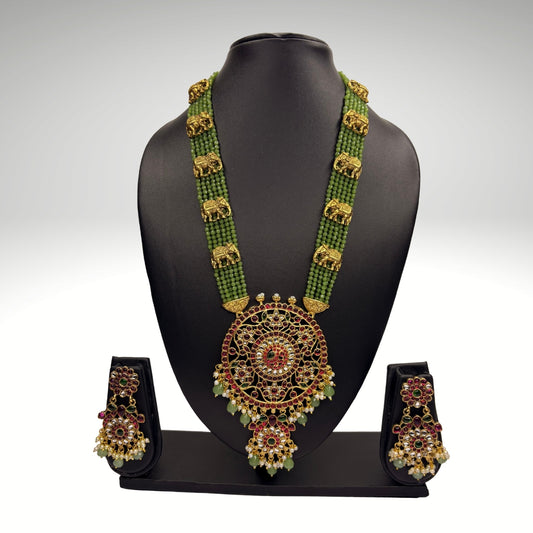 Antique Kundan Long Haram with Round Pendant & Elephant Motifs – Green Bead Bridal Necklace Set with Earrings (Code - DJ_009)