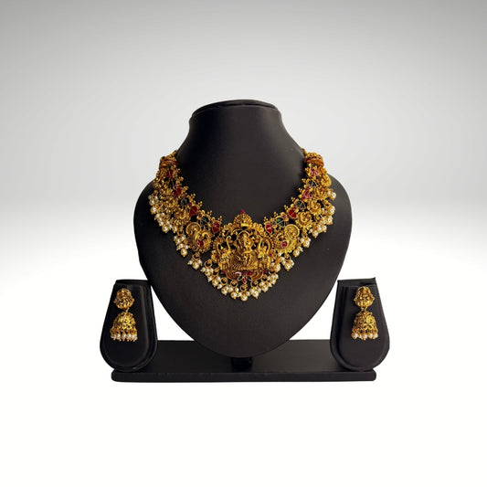 Ganesha Temple Necklace Set – Antique Gold Bridal Jewellery with Pearls (Code - DJ_018)
