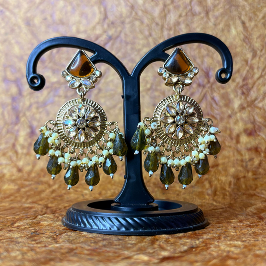 Floral Chandbali Earrings with Olive Green Beads