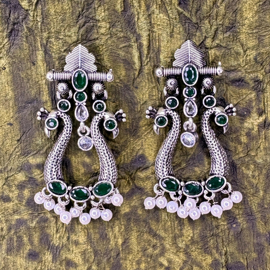 Oxidized Silver Earrings with Green Stones and Pearl Drops