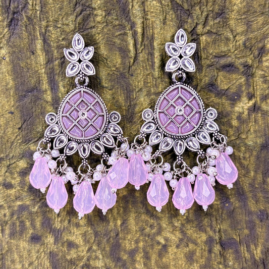 Oxidized Silver Chandbali Earrings with Pink Stones and Beads