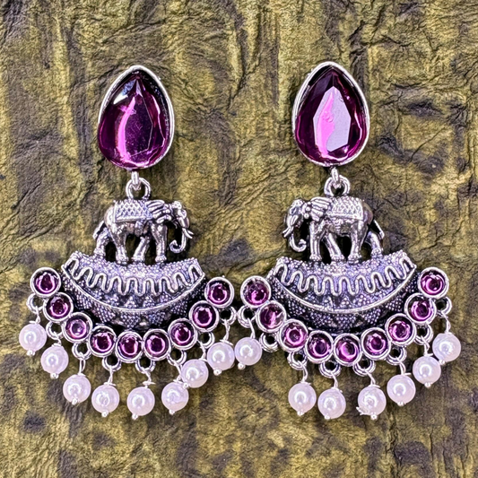 Oxidized Silver Elephant Earrings with Purple Stones and Pearl Drops
