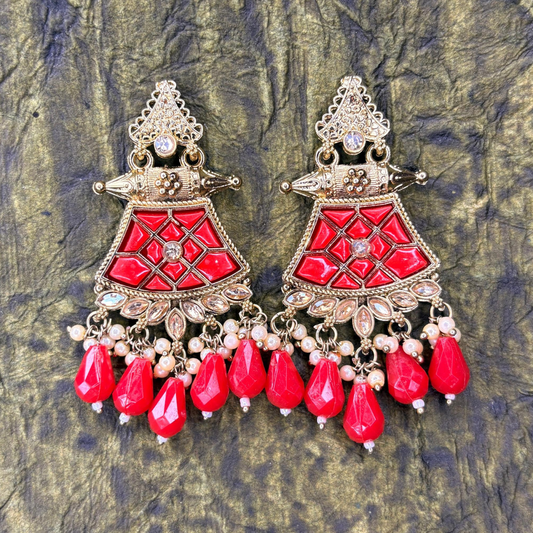 Gold-Plated Earrings with Red Stones and Bead Drops