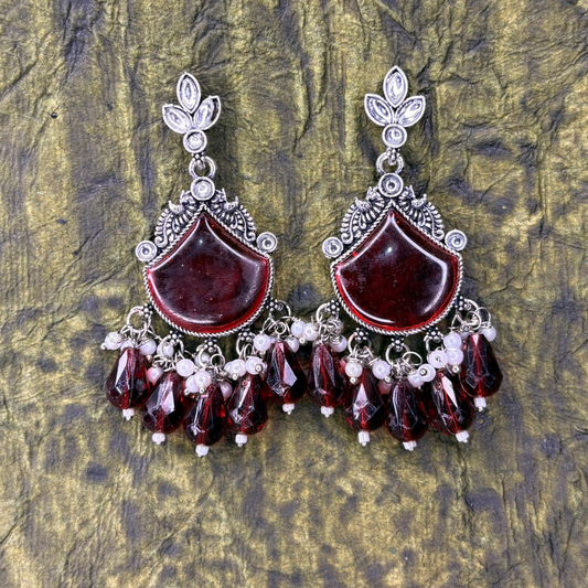 Oxidized Silver Earrings with Dark Red Stones and Bead Drops