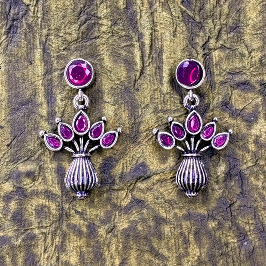Oxidized Silver Floral Vase Earrings with Purple Stones
