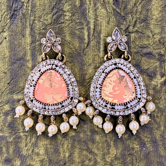 Gold-Plated Earrings with Peach Stone and Pearl Drops