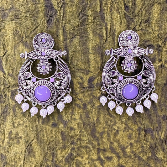 Oxidized Silver Earrings with Purple Stone and Pearl Drops