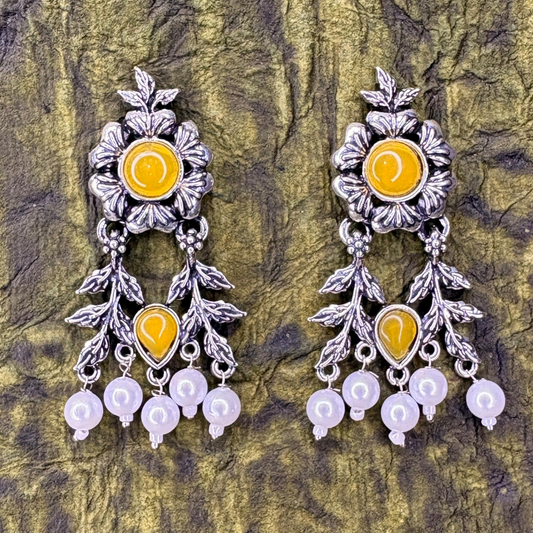 Oxidized Silver Floral Earrings with Yellow Stones and Pearl Drops
